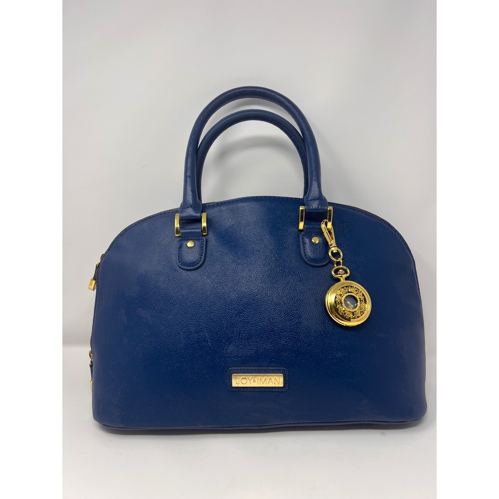 Joy & Iman Satchel Women Large Blue Pebble Leather Pocket Watch Charm Excellent